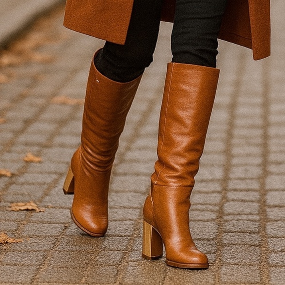 Dee Ocleppo Tan Leather Slouch Knee Boots Size 7.5 Gold Block Heel New With Box